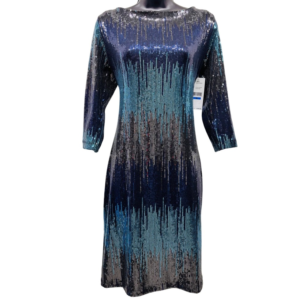 NWT Karen Kane Tahoe Sequin Dress Blue Ombre 3/4 Sleeve Boat Neck XL N3L2518